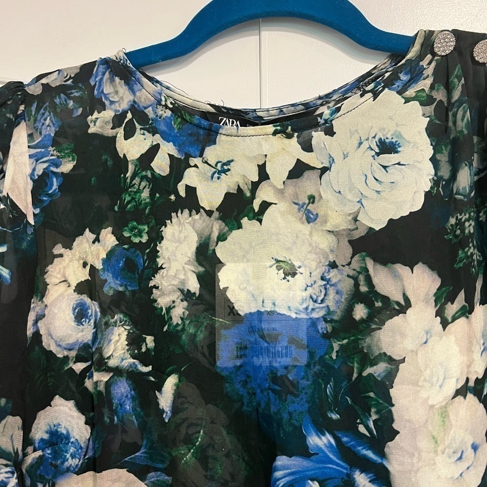 ZARA sheer top floral ruched mini dress with ruched sleeves - Picture 4 of 11